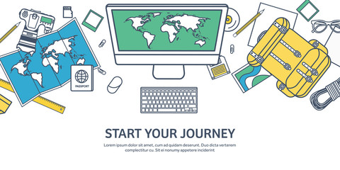 Travel and tourism. Flat style. World, earth map. Globe. Trip, tour, journey, summer holidays. Travelling,exploring worldwide. Adventure,expedition. Table, workplace. Traveler. Navigation or route