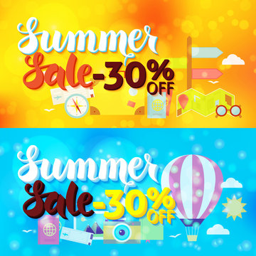 Summer Sale 30 Off Web Banners over Travel Blurred Background