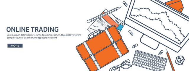 Vector illustration. Flat background. Market trade. Trading platform ,account. Moneymaking,business. Analysis. Investing.Line art.Lined.
