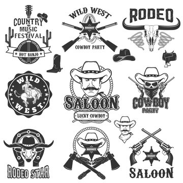 Cowboy rodeo, wild west labels. Country music party.