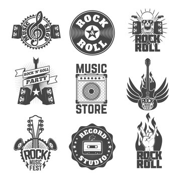 Set of rock music labels, badges and design elements.