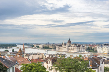 Fototapeta na wymiar Panoramic view of Budapest on Danube and Hungarian Parliament Building from Fishermen's Bastion. Hungary. 