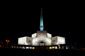 The basilica of Our Lady of Knock in Knock, Ireland, lit at night