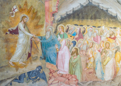 Resurrection of Jesus - a detail of a historic rainnasance fresco wall painting depicring Jesus Christ descending to hell and liberating the souls of Adam and Eve