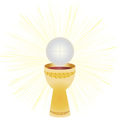 Chalice and host, bread and wine. Symbols of Eucharist. First communion.