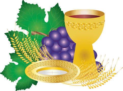 Eucharist symbols of bread and wine, chalice and host with wheat ears and grapes vine. FIrst communion christian color vector illustration.