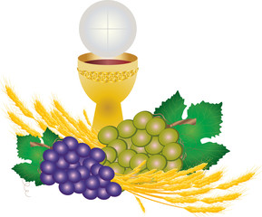 Chalice and host, bread and wine, with grape clusters and wheat ears. Symbols of eucharist and communion. First communion vector color illustration.