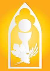 Eucharist symbols of bread and wine, cross, chalice and host with wheat ears and grapes vine. FIrst communion christian color vector illustration. Paper cut out.