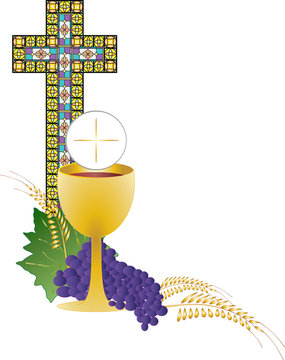 Eucharist symbols of bread and wine, cross, chalice and host with wheat ears and grapes vine. FIrst communion christian color vector illustration.