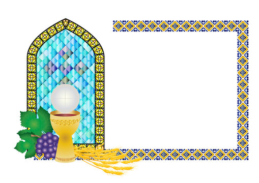 Eucharist symbol of bread and wine, chalice and host, with wheat ears and grapes, with a cross. First communion vector illustration, with stained glass church window.