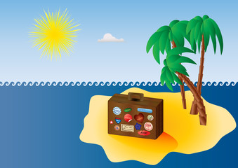 Artistic abstract tropical summer scenery, with sand beach, palm trees, sun and ocean, with old vintage retro travel suitcase on an island beach. Concept of summer holidays, vacation.