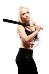 Girl with a broken arm holding baseball bat