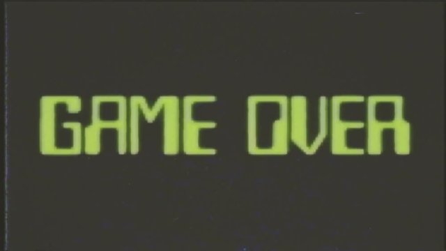 A game over screen, treated as it's from an old VHS cassette tape. Arcade mosaic retro style.