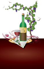 A bottle of red wine with a glass and a grapes vine, abstract color illustration with vintage scroll with copy space for text.