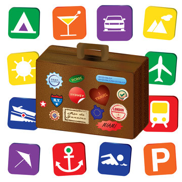 A world traveler retro vintage brown leather suitcase, with world stickers and stamps, isolated over a white background, with travel holiday icons