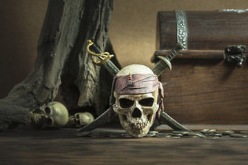 pirate skull with two swords and coffer