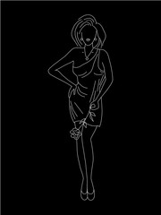 Silhouette of beautiful woman. Vector sketch, white contour on a black background. Hand drawn illustration