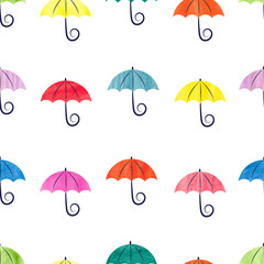 Fototapeta na wymiar Colorful watercolor umbrellas seamless pattern. Vector background with abstract umbrellas isolated on white. 