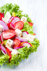 Salad from fresh vegetables with feta cheese 