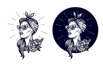 Vector hipster logo. Label, badge girl silhouette. Vector black and white illustration of a girls head in retro style