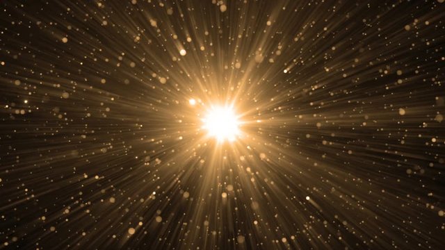 Animation gold background with lens flare rays in dark background sky and stars. Seamless loop.