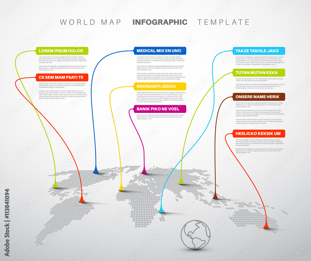 Poster infographic: light world map with pointer marks