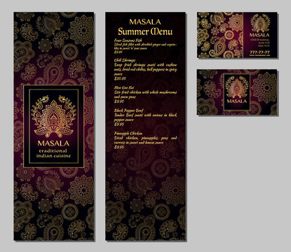 Vector illustration of a menu card template design for a restaurant or cafe Indian oriental cuisine. Asian, Arab and Lebanese cuisine. Business cards and vouchers. Logo - traditional indian flower.