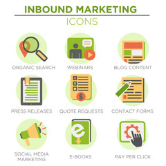 Circular Green Inbound Marketing Vector Icons with organic search, ppc, blog content, press release, social media marketing, contact form, ebook, video, webinar, and quote request 