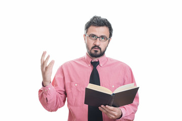 Worried young man reading a book