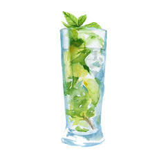 cocktail with fruit and mint. isolated. watercolor illustration