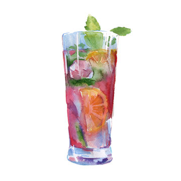 cocktail with fruit and mint. isolated. watercolor illustration