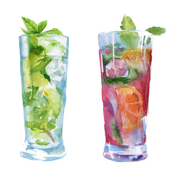 cocktail with fruit and mint. isolated. watercolor illustration