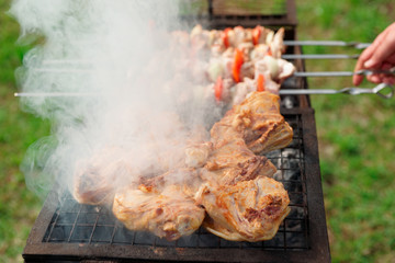 Chicken and meat on charcoal grill