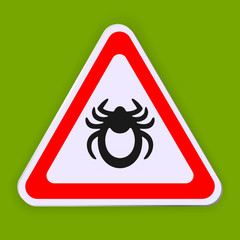 Mite warning sign. Tick vector icon isolated on white. Encephalitis parasite sign on green background.