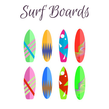 Surfboard vector colorful set. Surfing boards summer water sport. Flat style surfboards.