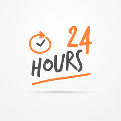 24 hours label in sketchy style. Typical simplistic 24 hours label with stylized clock. Isolated 24 hours label with shadow. 24 hours label vector stock image.