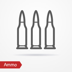 Rifle ammo in line style. Typical simplistic rifle cartridge. Rifle bullets isolated icon with shadow. Ammo vector stock image.