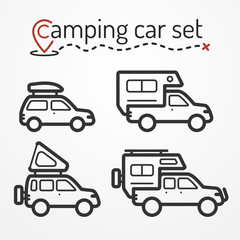 Set of camping car icons. Travel car symbols in silhouette line style. Camping cars vector stock illustration. Car, SUV and pickup with camping equipment.