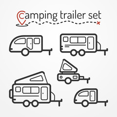 Set of camping trailer icons. Travel trailer symbols in silhouette line style. Camping trailers vector stock illustration. Five trailers with camping equipment.