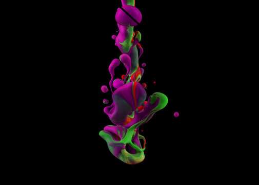 Color Liquid in dynamic flow forming interesting and unique shapes and bubbles. Colorful tones mixing in an unique pattern. Artistic design. Isolated on black background.