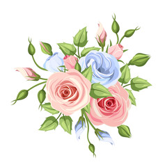 Vector pink and blue roses and lisianthus flowers isolated on a white background.