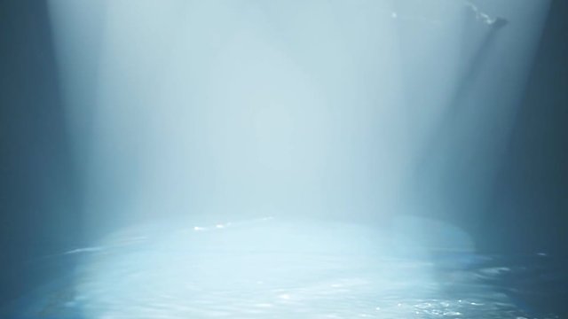 dancer does a somersault in the water in a circle of light