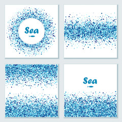 Vector creative greeting card set of blue round particles. Sea design. Confetti circles.