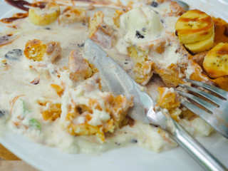 Waffle with ice cream, chocolate and mint