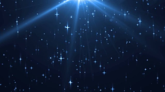 Animation blue background with lens flare rays in dark background sky and stars. Seamless loop.