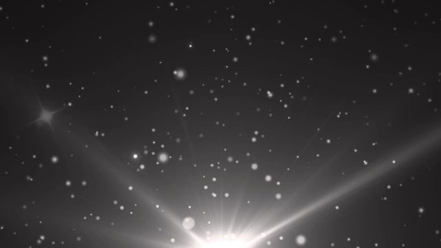 Animation grey background with lens flare rays in dark background sky and stars. Seamless loop.