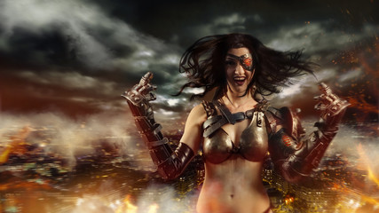 Sexy woman with metal arms is showing fuck to the camera.