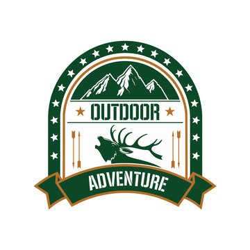Adventure club badge design with deer and mountain