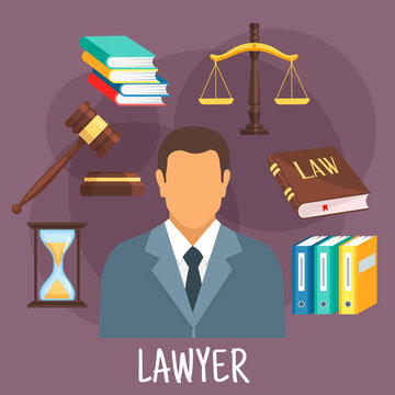 Lawyer profession flat icon with justice symbols