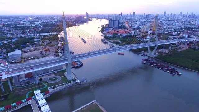 aerial view of bangkok landmark and transportation crossing chaopraya river